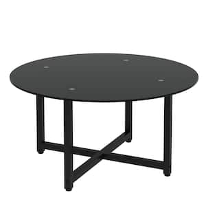 Modern 35.44 in. Black Small Round Glass Coffee Table with Black Leg