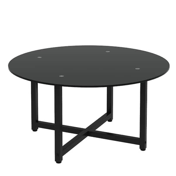 Unbranded Modern 35.44 in. Black Small Round Glass Coffee Table with Black Leg