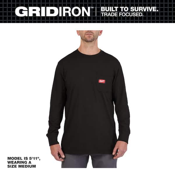 Men's Large Black GRIDIRON Cotton/Polyester Long-Sleeve Pocket T-Shirt