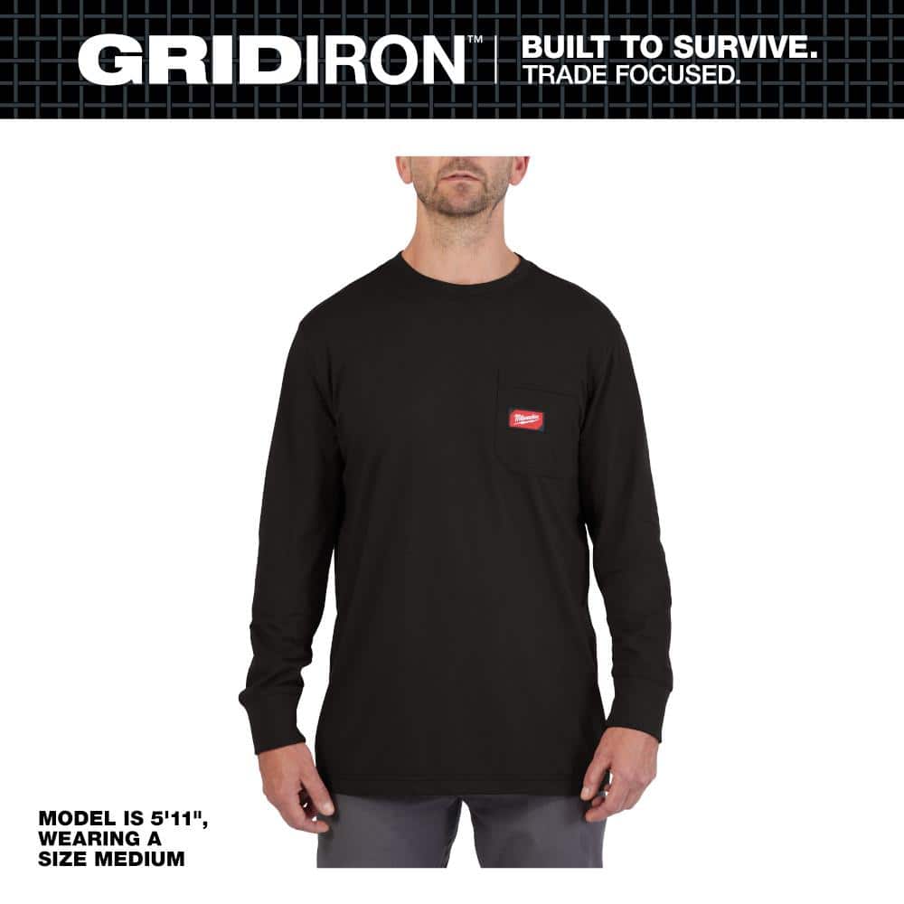 Milwaukee Men's Large Black GRIDIRON Cotton/Polyester Long-Sleeve Pocket T- Shirt 606B-L The Home Depot