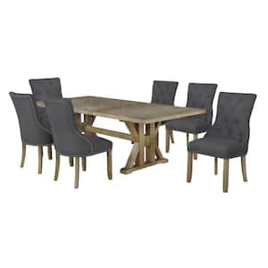 Kara 7-Piece Gray Linen Fabric Wooden Top Dining Set with Side Chairs.