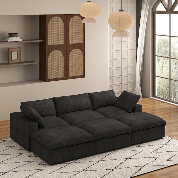 Magic Home 118 in. Square Arm 6 Piece Linen L Shaped Sectional Sofa Corner Cloud Couch in Black MH 121BK S4