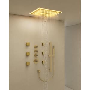 17-Spray 16 in. LED and Music Ceiling Mount Dual Shower Head Fixed and Handheld Shower Head in Brushed Gold