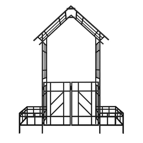 Oyezvary 97.24 in. x 80.71 in. Metal Garden Arch Arbor with Gate and Planter for Outdoor Climbing Plants Support in Black