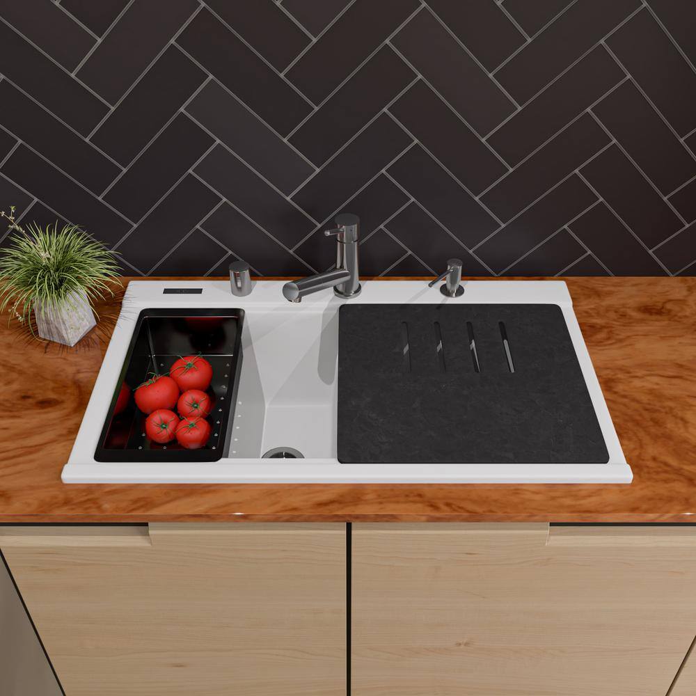34'' White Granite Composite Double Bowl Drop-In Kitchen Sink