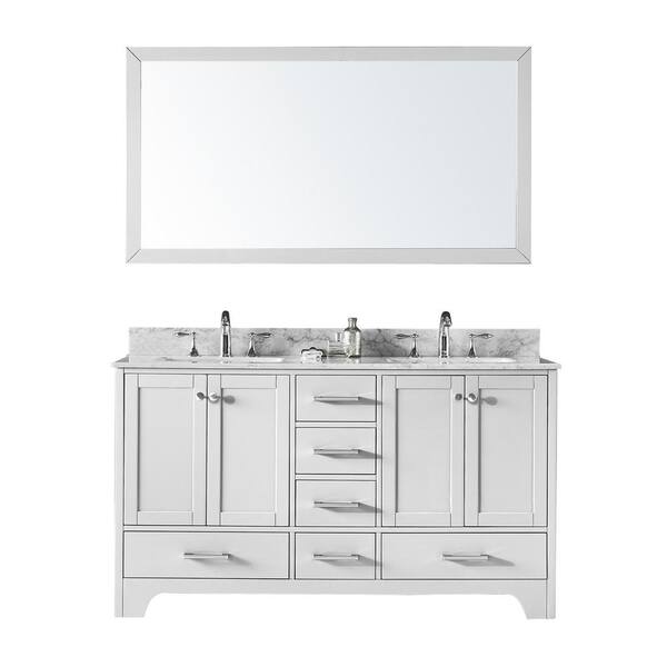Exclusive Heritage 60 in. Double Sink Bathroom Vanity in White with Carrara White Marble Top and Mirror Set