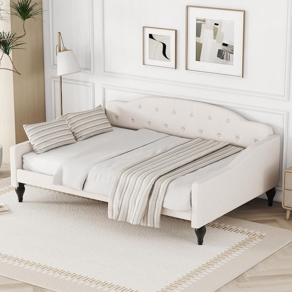 Beige Full Upholstered Tufted Daybed