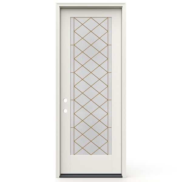 36 in. x 96 in Right-Hand Full Lite Frameless Sardis Decorative Glass Primed Fiberglass Prehung Door w/ Brickmould