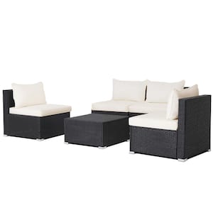 5-Piece Patio Rattan Wicker Furniture Conversation Set Cushioned Sofa Deck in Off White