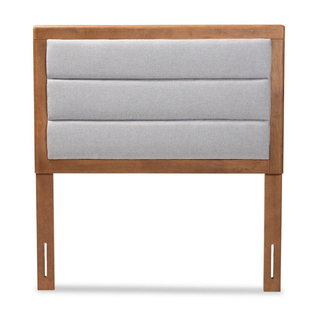 Light Gray Upholstered Twin Headboard with Walnut Wood Frame