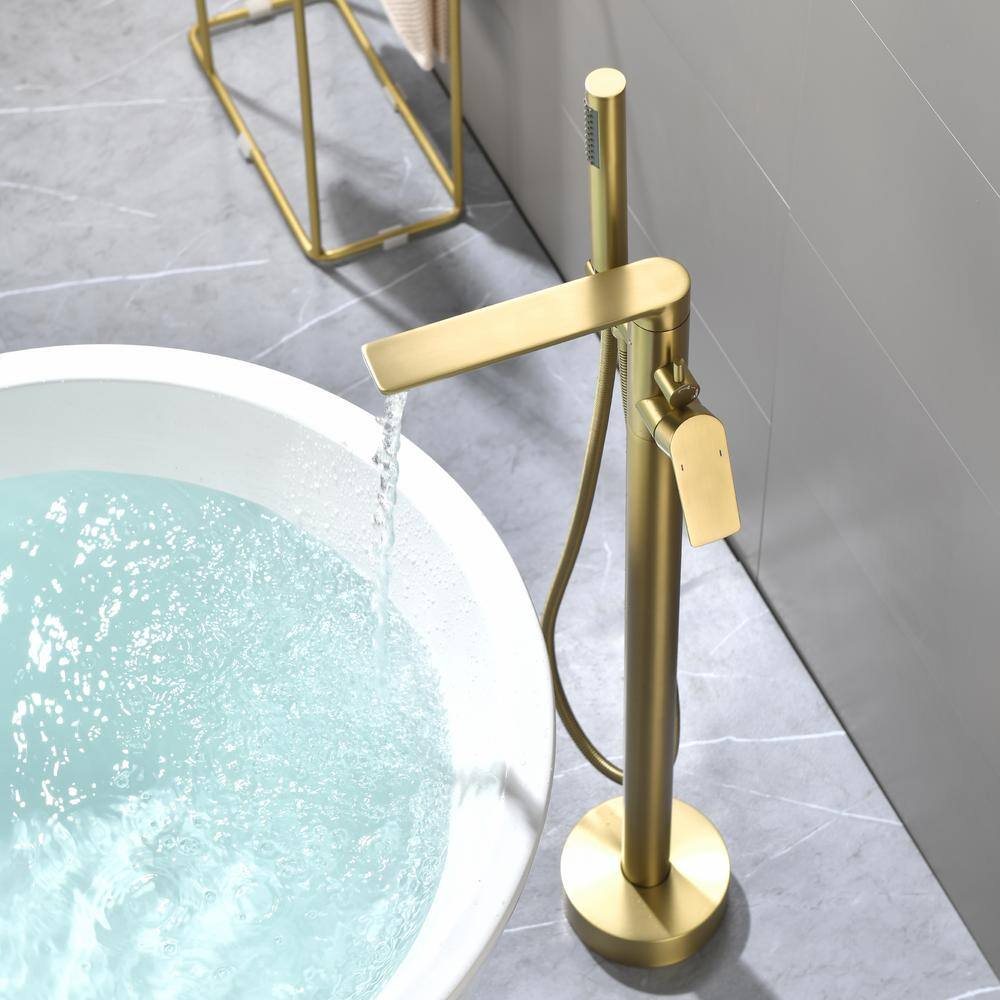 Brushed Gold Freestanding Tub Filler Faucet with Handheld Shower