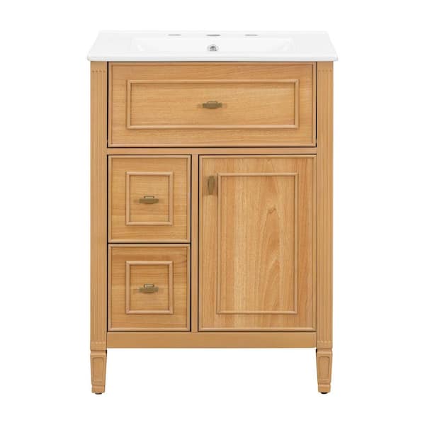 24 in. Freestanding Bath Vanity in Natural with White Ceramic Sink Top, One Flip Drawer and Two-Drawers
