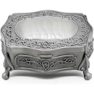 3.42 x 2.75 x 1.38 in. Small Silver Vintage Metal Alloy Rectangular Trinket Jewelry Box with Feet