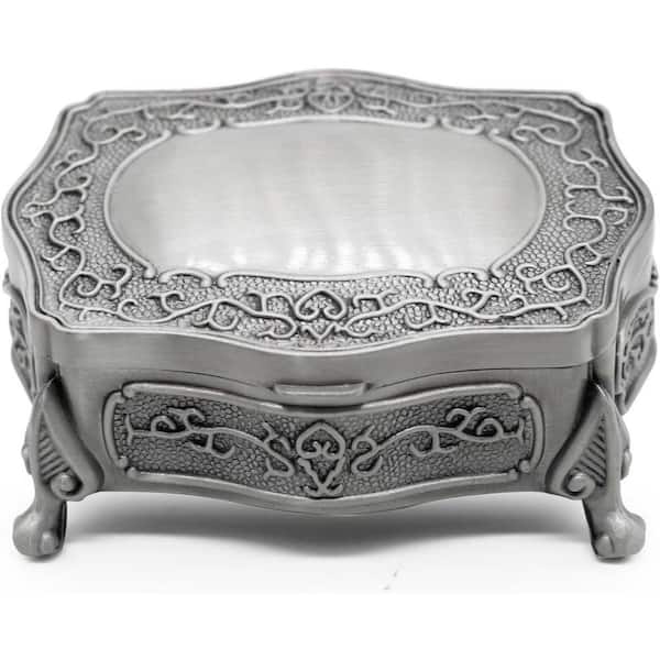 Afoxsos 3.42 x 2.75 x 1.38 in. Small Silver Vintage Metal Alloy Rectangular Trinket Jewelry Box with Feet