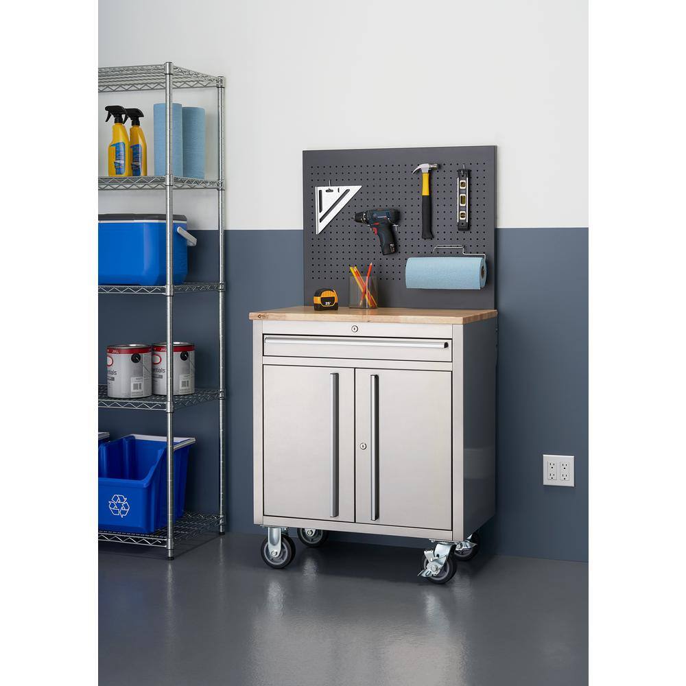 Compact 31'' Stainless Steel Workbench with Wheels & Pegboard