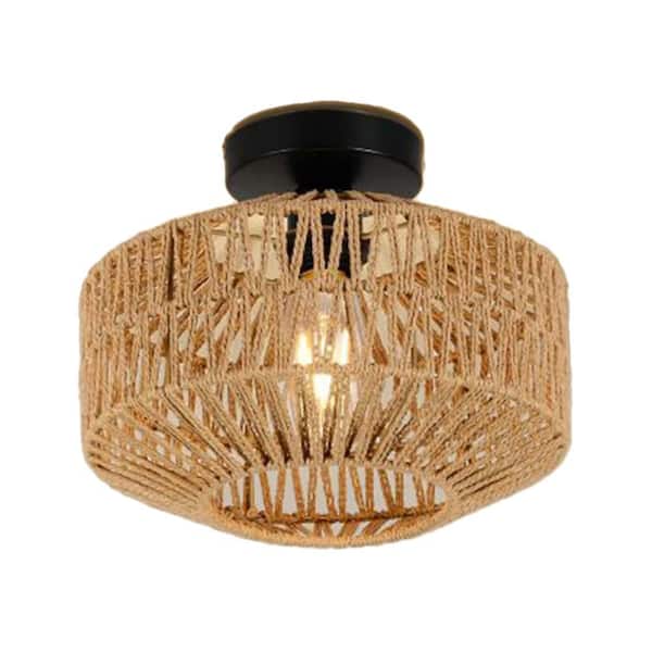 11.8 in. 1-Light Brown Boho Rattan Ceiling Light Flush Mount with Dimmable LED Bulb & Handwoven Wicker Fixture for Home