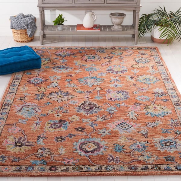 Blossom 4 ft. x 6 ft. Rust/Blue Oriental Floral Area Rug