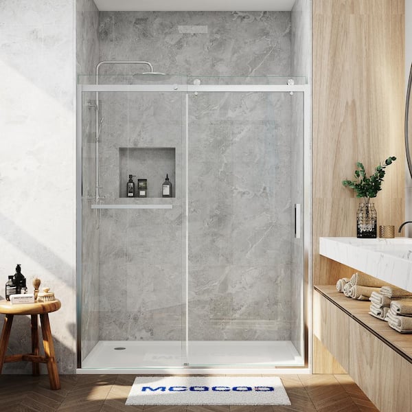 MCOCOD 56-60.25 in. W x 76 in. H Single Sliding Semi-Frameless Smooth Sliding Shower Door in Brushed Nickel with 3/8 in. Glass