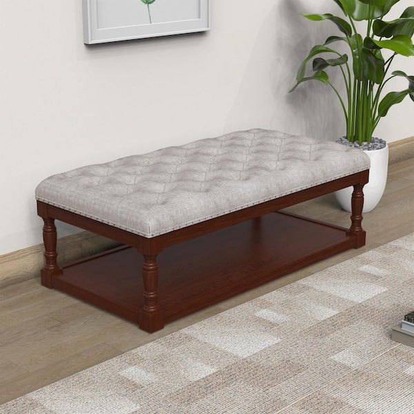 Tubbs 48 in. Light Gray and Brown Tufted Linen Cocktail Shelved Ottoman