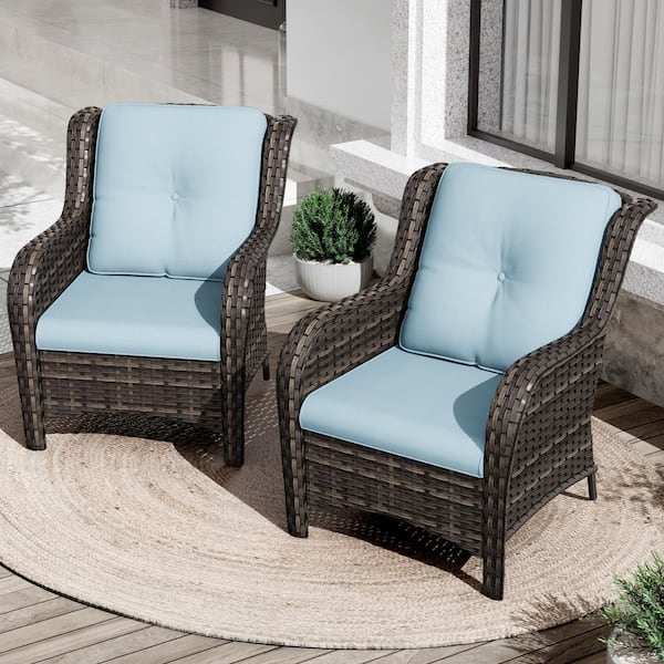 Gardenbee Ergonomic Arm 2-Piece Patio Wicker Outdoor Lounge Chair with Baby Blue Cushions