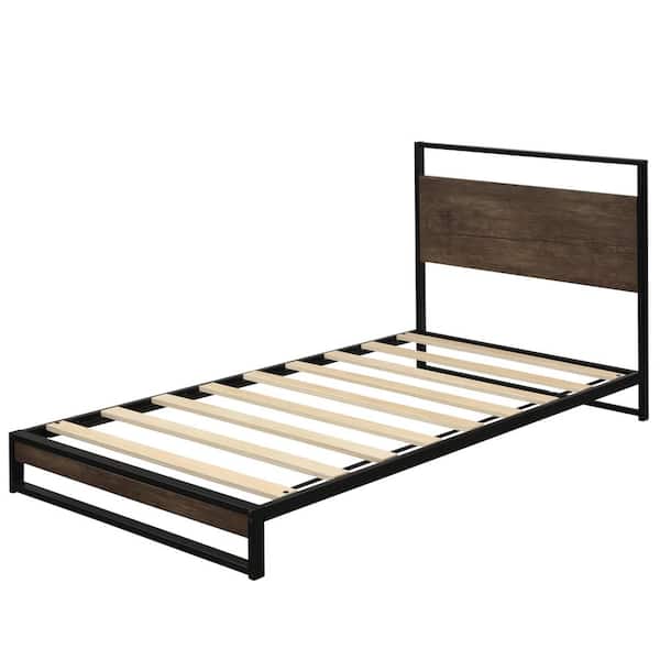 Espresso Twin Metal Bed Frame With Wood, Does A Metal Bed Frame Need Slats