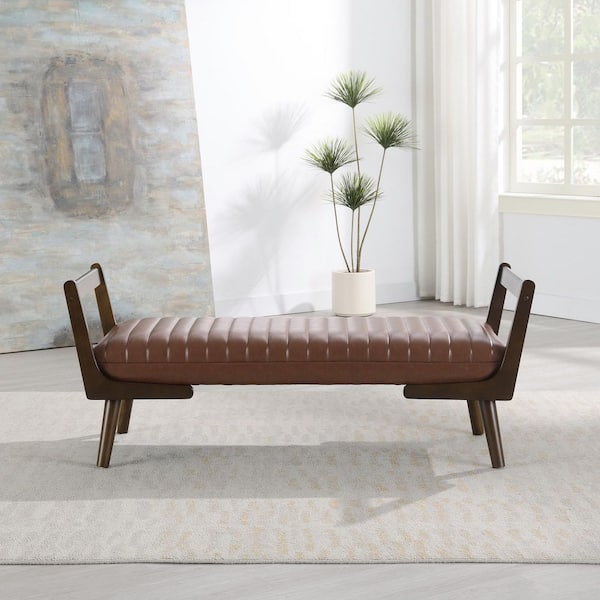 Adeline 52 in. Cognac PU Bedroom Upholstered Bench with Wood Leg