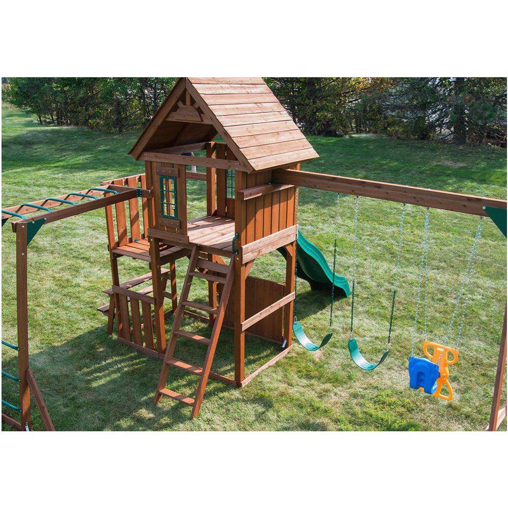 Knightsbridge Ultimate Wood Backyard Swing Set with Slide and Climbing Wall