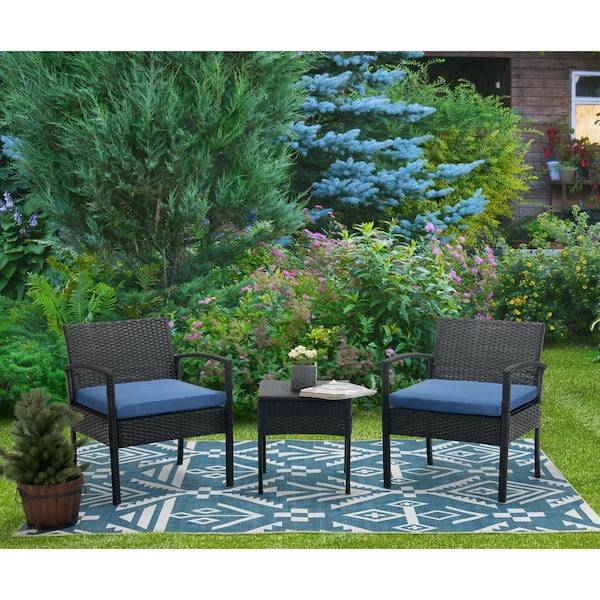 EDYO LIVING 3-Piece Wicker Rattan Patio Conversation Set Table and Chairs Set with Bule Cushions