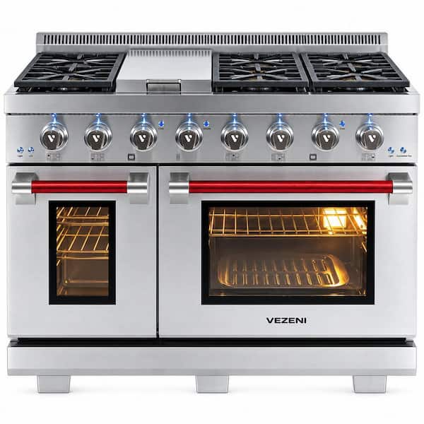 Randolph Pro 48 in. 5-Burner Natural Gas Double Oven Range with Infrared Griddle in Stainless Steel