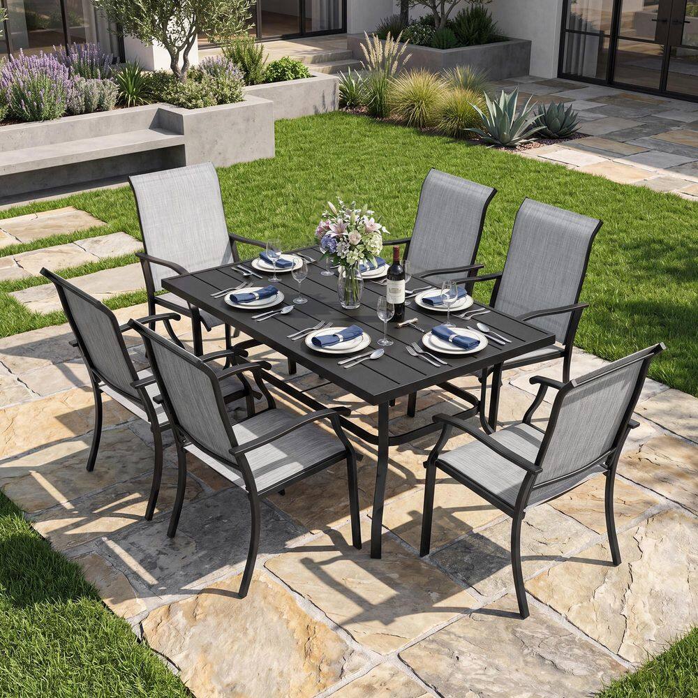 Black 7-Piece Textilene Metal Rectangular Outdoor Dining Set with Umbrella Hole, Slatted Tabletop, Powder-Coated Frame price history on PriceWatchPro