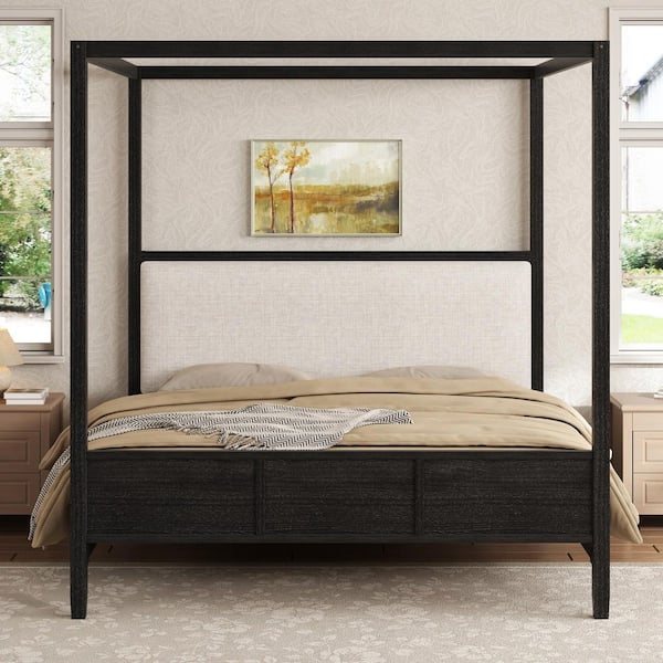 Black Solid Wood Frame King Platform Bed with Upholstery Headboard