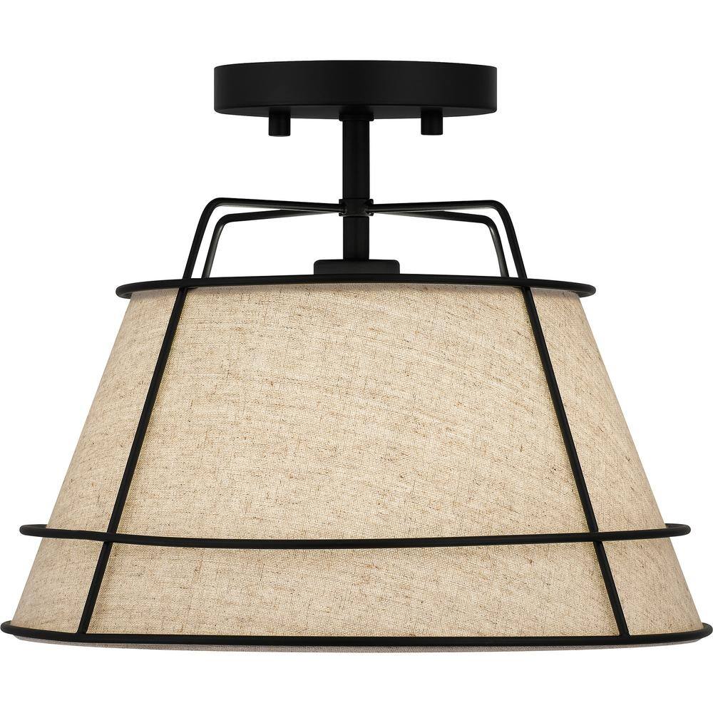 Matte Black and Linen Drum Semi-Flush Mount Light
