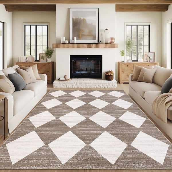 Modern Geometric Diamond Soft Non-slip Thin Washable Foldable Bedroom Laundry Home Decor Brown 10 ft. x 13 ft. Area Rug