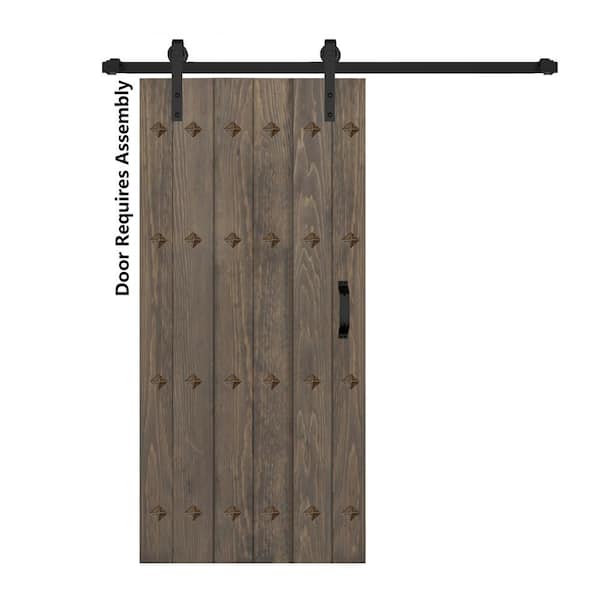 ISLIFE Mid-Century New Style 38 in. x 84 in. Smoky Gray Finished Solid Wood Sliding Barn Door with Hardware Kit