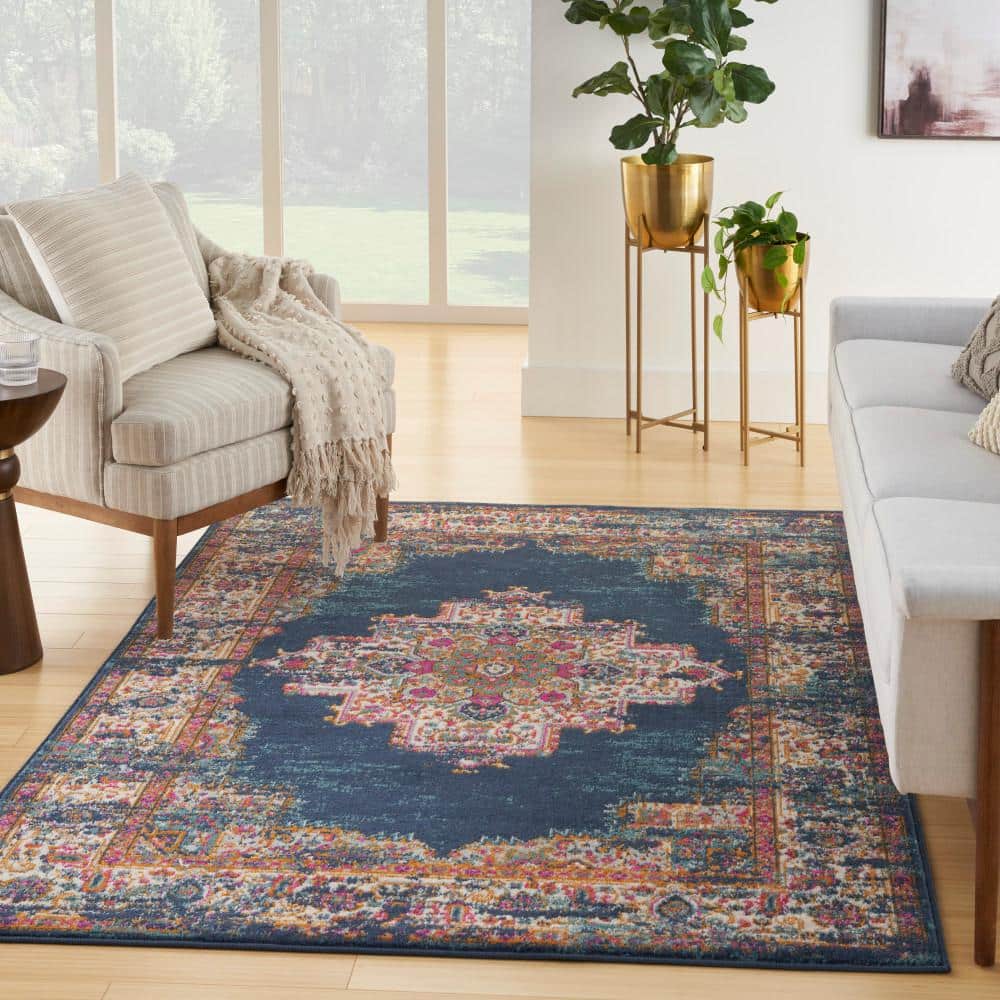 Elysian Blooms Blue Floral 5' x 7' Easy-Care Synthetic Rug