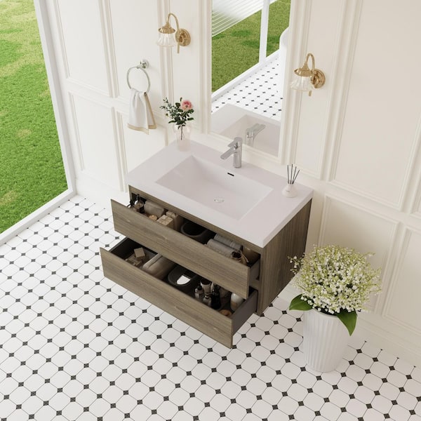 36 in. W x 19-3/4 in. D x 22-1/5 in. H Bathroom Wall Hung Vanity in Ash Grey with Single Basin Vanity Top in White