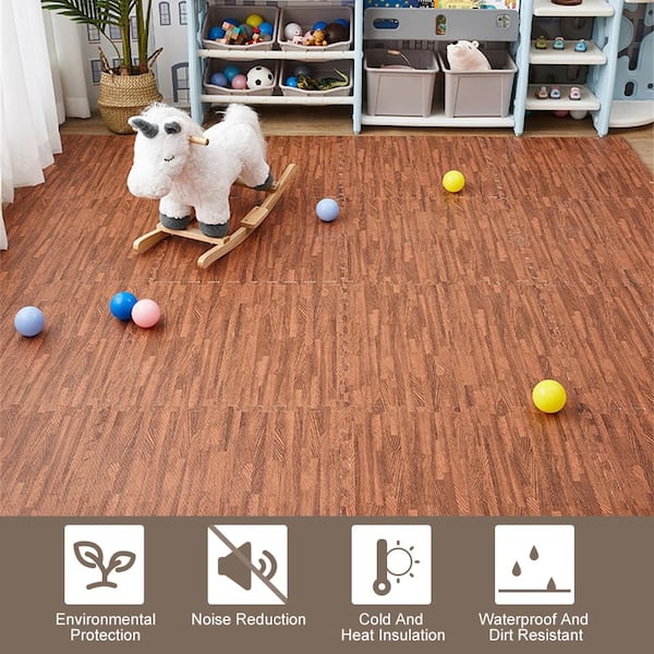 24 in. x 24 in. x 0.47 in. Dark Wood Grain EVA Interlocking Foam Floor Mat for Exercise, Protect Flooring (4-Pack)