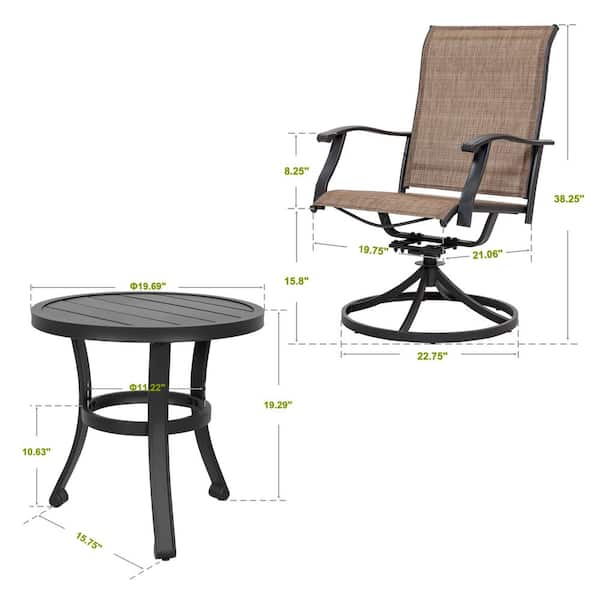 Brown 3-Piece Textilene and Iron Outdoor Bistro Set, 2 Swivel Chairs and Round Bistro Table