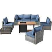 Daffodil B Gray 8-Piece Wicker Patio Storage Fire Pit Conversation Sofa Set with Denim Blue Cushions