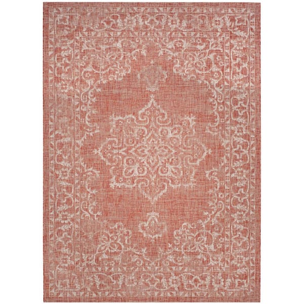Courtyard Terracotta/Beige 7 ft. x 10 ft. Border Ornate Indoor/Outdoor Area Rug