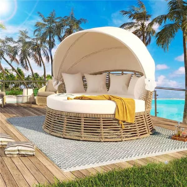 Unbranded Wicker Outdoor Day Bed with Removable Beige Cushions and Retractable Canopy