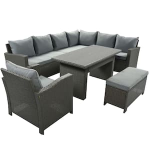 Gray 6-Piece Wicker Metal Outdoor Sectional Set with Gray Cushions