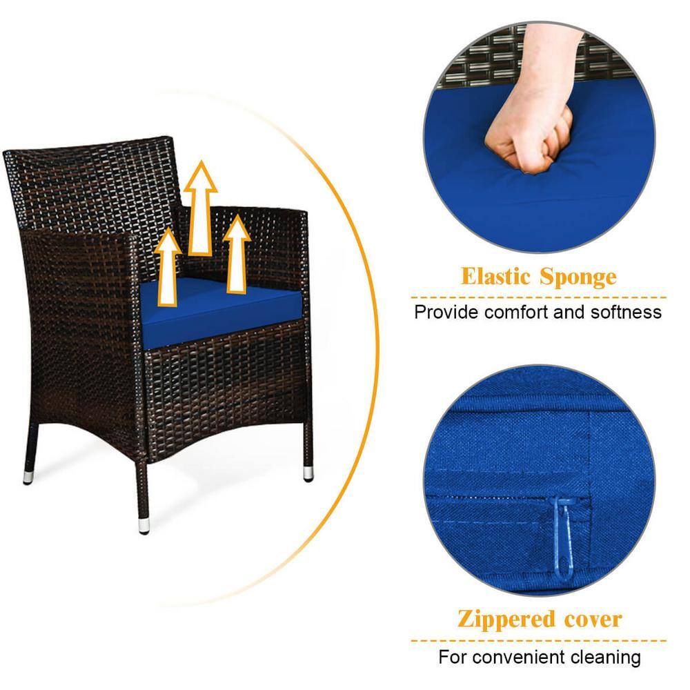 4-Piece Brown Steel Rattan Patio Set with Navy Cushions
