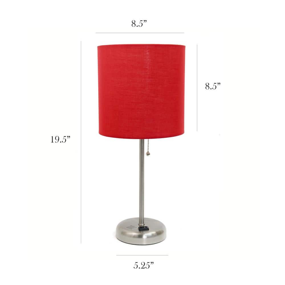Brushed Steel Stick Table Lamp with Red Drum Shade and USB Port