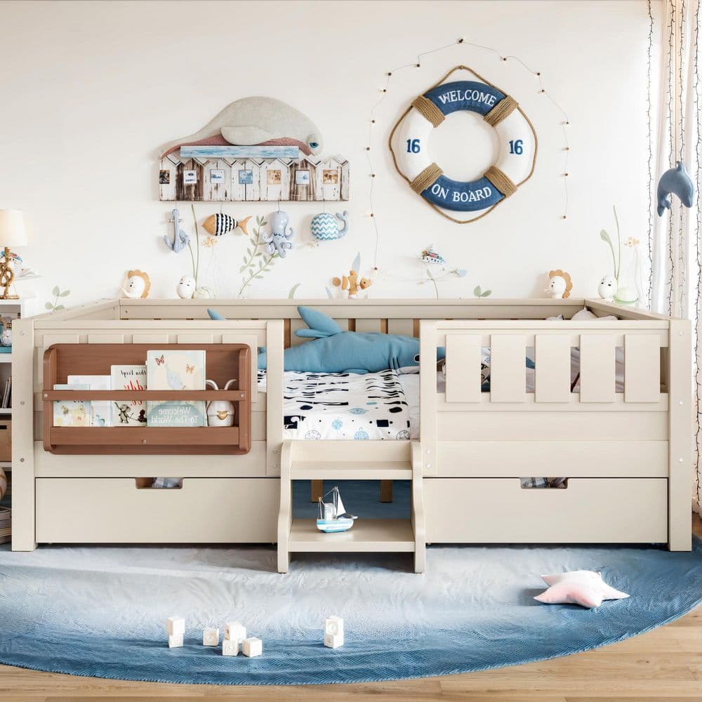 Beige Full Wood Kids Platform Bed with Staircase, Bookshelf, Safety Rails and 2 Large Drawers