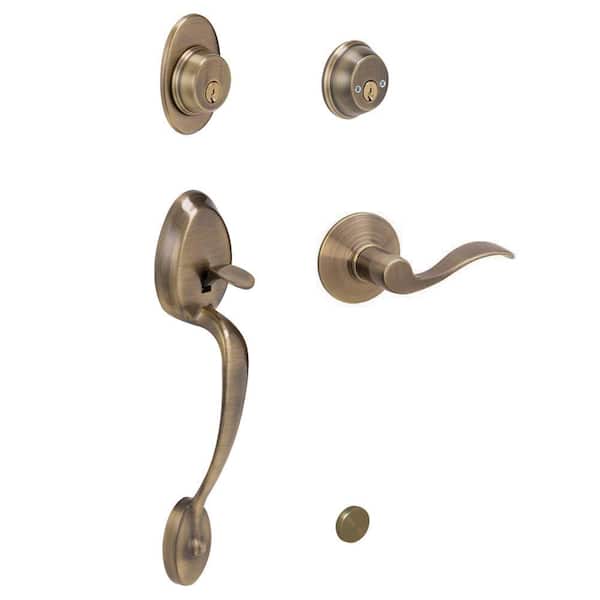 Schlage Plymouth Antique Brass Double Cylinder Deadbolt with Left Handed Accent Lever Door Handleset