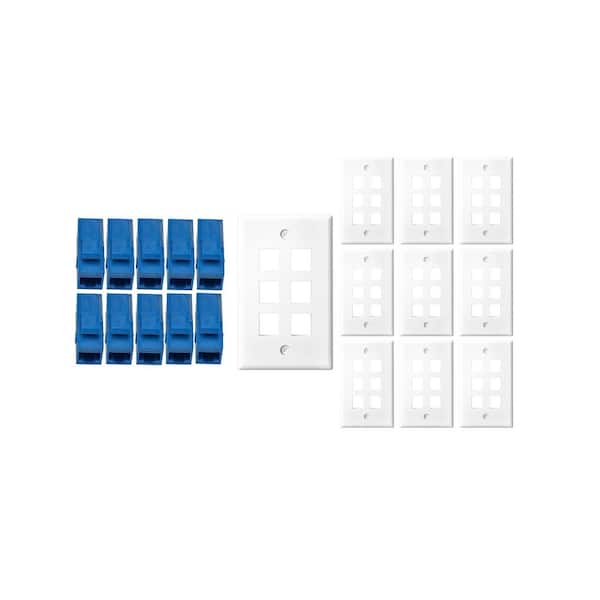 10-Pack 1-Gang White Keystone Plastic Wall Plate 6-Port & 10 Cat 6 RJ45 Keystone Inline Couplers Blue