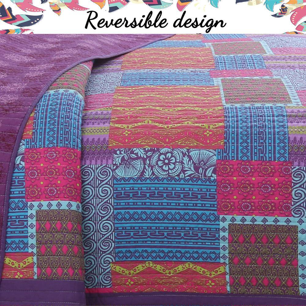 Bohemian Purple and Fuchsia Cotton King Quilt Set