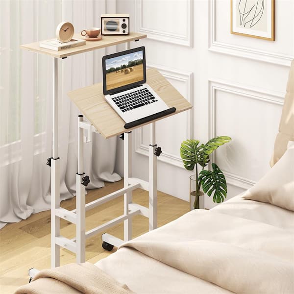 HONEY JOY 24 in. Natural Metal Rolling Standing Desk Height Adjustable Laptop Cart with Tilting Desktop Hanging Hooks