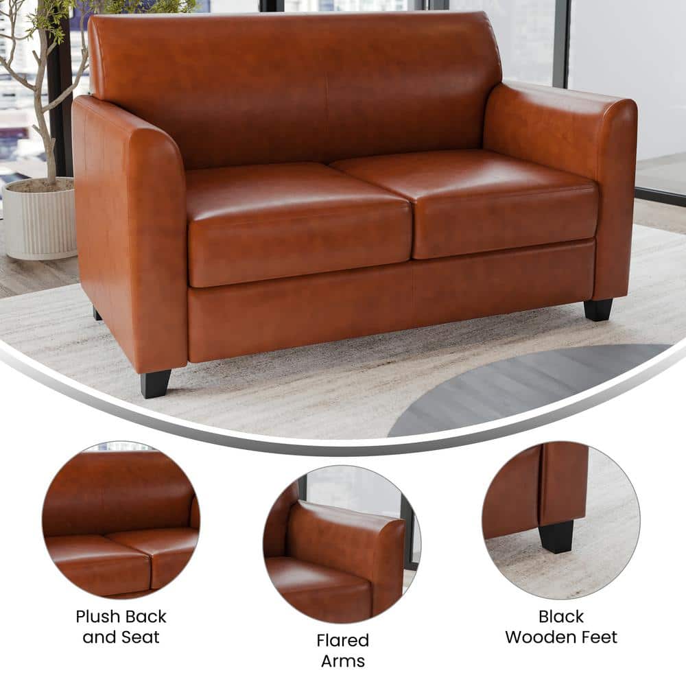 Cognac Faux Leather Flared Arm Reception Loveseat